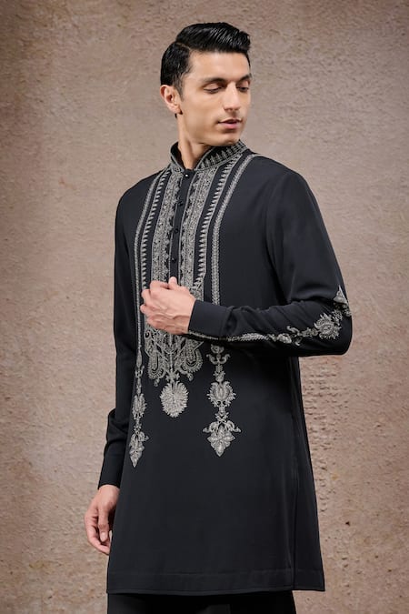 Buy_Tarun Tahiliani_Black Georgette Embroidery Designer Ivory-black Kurta And Trouser Set _Online_at_Aza_Fashions