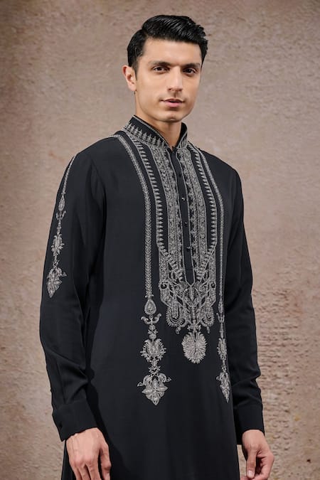 Shop_Tarun Tahiliani_Black Georgette Embroidery Designer Ivory-black Kurta And Trouser Set _Online_at_Aza_Fashions