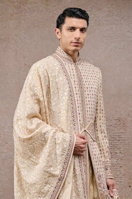 Tarun Tahiliani_Beige Georgette, Jacquard, Poplin Zari, Embroidery Multi-beige Sherwani Set _Online_at_Aza_Fashions
