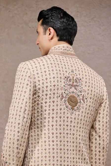 Buy_Tarun Tahiliani_Beige Georgette, Jacquard, Poplin Zari, Embroidery Multi-beige Sherwani Set _Online_at_Aza_Fashions