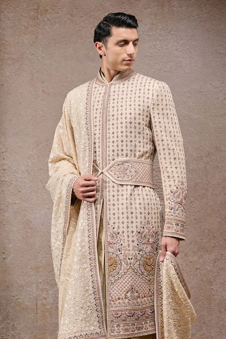 Shop_Tarun Tahiliani_Beige Georgette, Jacquard, Poplin Zari, Embroidery Multi-beige Sherwani Set _Online_at_Aza_Fashions