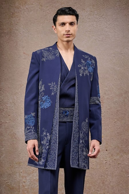 Buy_Tarun Tahiliani_Navy Georgette Embroidery Designer Sherwani Set _Online_at_Aza_Fashions
