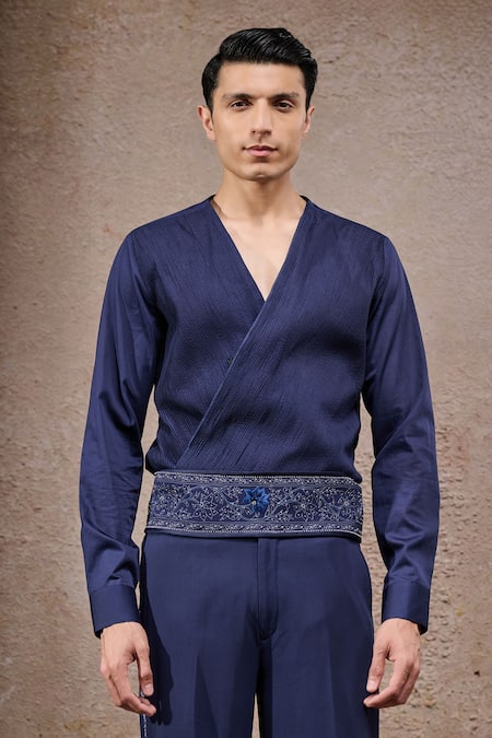 Shop_Tarun Tahiliani_Navy Georgette Embroidery Designer Sherwani Set _Online_at_Aza_Fashions