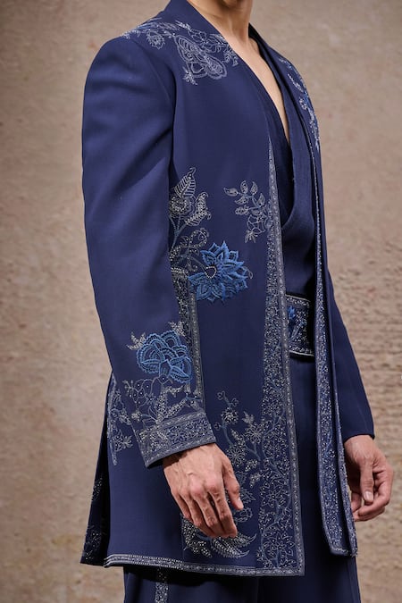 Tarun Tahiliani_Navy Georgette Embroidery Designer Sherwani Set _at_Aza_Fashions