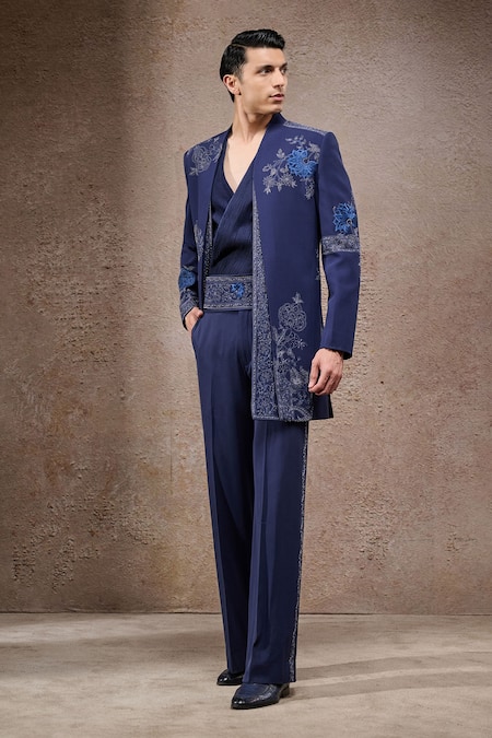 Buy_Tarun Tahiliani_Navy Georgette Embroidery Designer Sherwani Set 