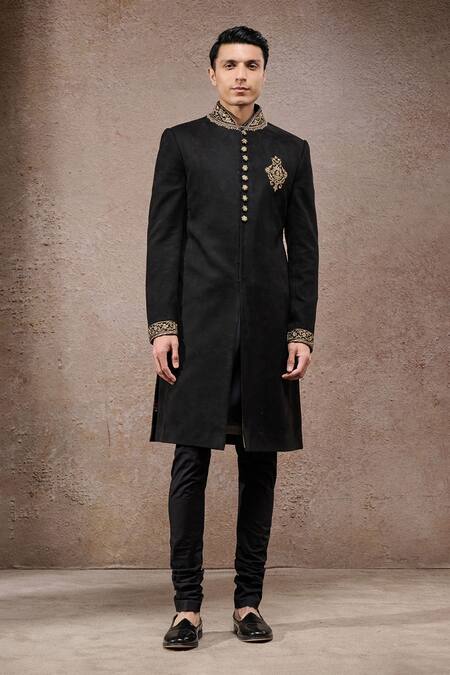 Buy_Tarun Tahiliani_Gold Silk, Velvet, Crepe Embroidery Black Designer Sherwani Set _Online_at_Aza_Fashions