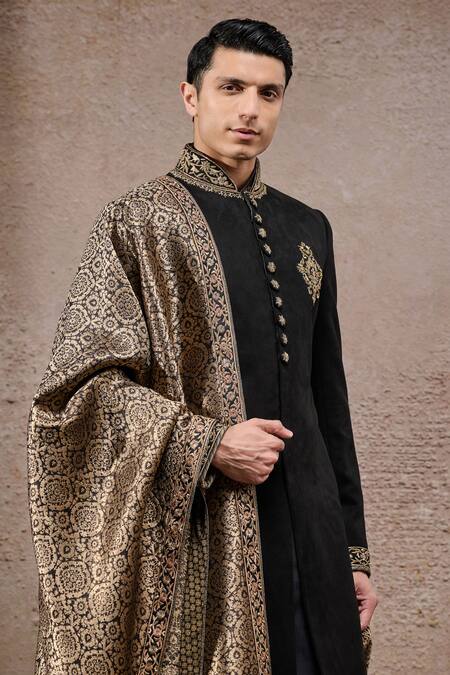 Tarun Tahiliani_Gold Silk, Velvet, Crepe Embroidery Black Designer Sherwani Set _at_Aza_Fashions