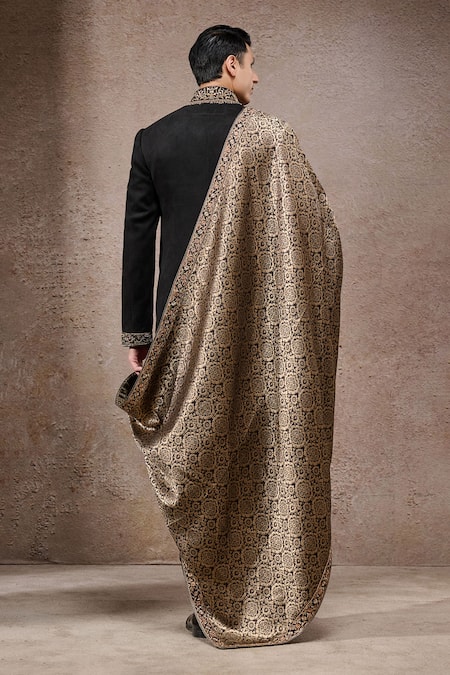 Tarun Tahiliani Black Silk Velvet Designer Sherwani Set 
