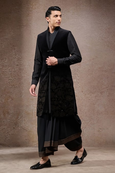 Buy_Tarun Tahiliani_Black Cotton, Velvet, Jacquard, Georgette Sherwani Kurta Set _Online_at_Aza_Fashions