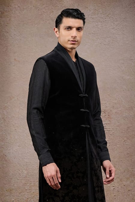 Shop_Tarun Tahiliani_Black Cotton, Velvet, Jacquard, Georgette Sherwani Kurta Set _Online_at_Aza_Fashions