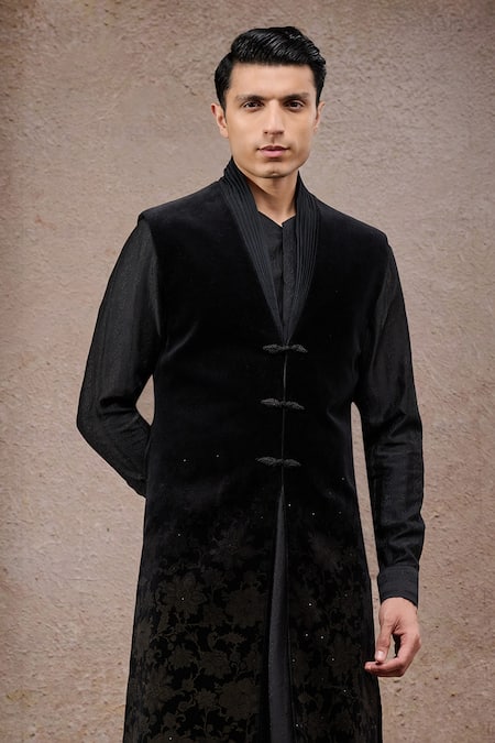 Tarun Tahiliani_Black Cotton, Velvet, Jacquard, Georgette Sherwani Kurta Set _at_Aza_Fashions