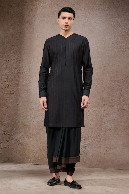 Buy_Tarun Tahiliani_Black Cotton, Velvet, Jacquard, Georgette Sherwani Kurta Set 