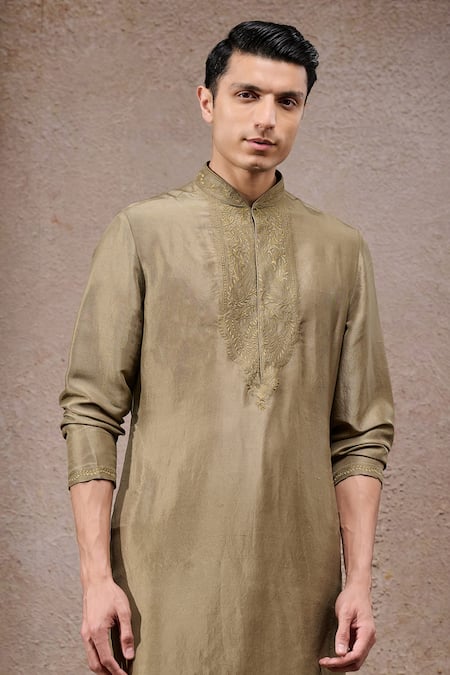 Buy_Tarun Tahiliani_Olive Green Silk Embroidery Nehru Jacket Kurta Set _Online_at_Aza_Fashions