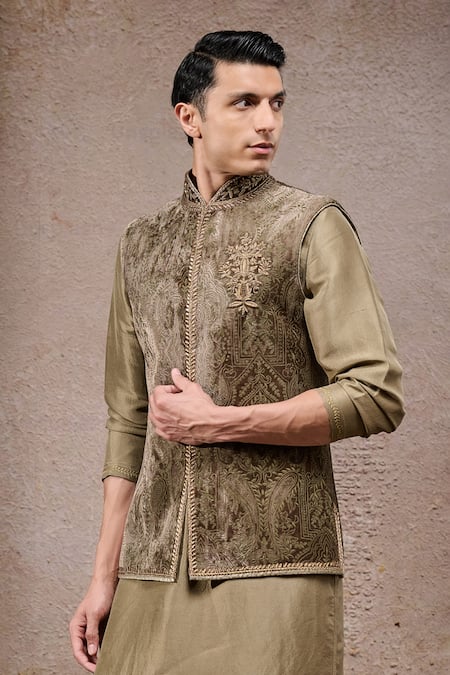 Shop_Tarun Tahiliani_Olive Green Silk Embroidery Nehru Jacket Kurta Set _Online_at_Aza_Fashions
