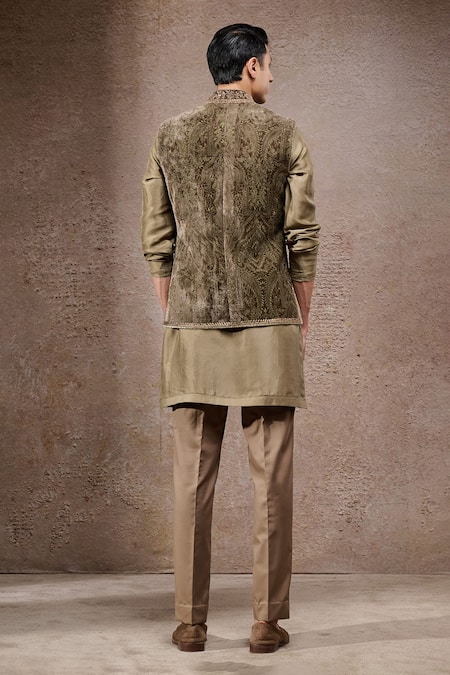 Tarun Tahiliani Olive Green Nehru Jacket Kurta Set 