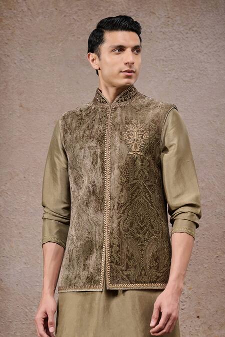 Tarun Tahiliani_Olive Green Silk Embroidery Nehru Jacket Kurta Set _at_Aza_Fashions