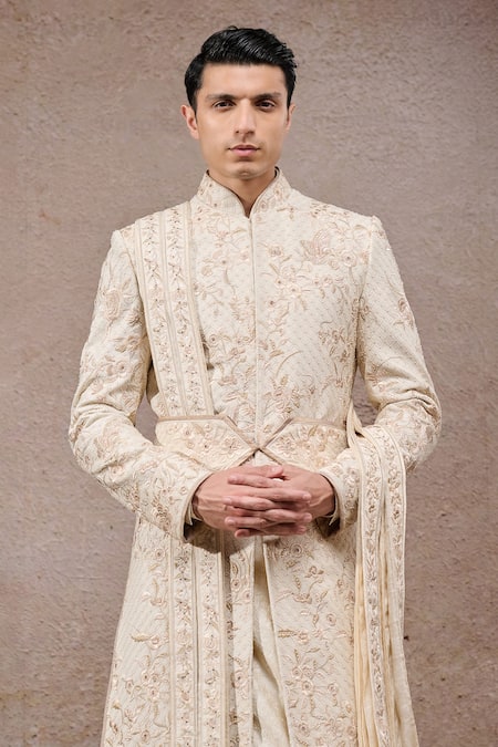 Buy Tarun Tahiliani Ivory Tissue, Satin Embroidery Sherwani Set Online at Aza Fashions Buy_Tarun Tahiliani_Ivory Tissue, Satin Embroidery Sherwani Set _Online_at_Aza_Fashions