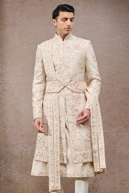 Shop Tarun Tahiliani Ivory Tissue, Satin Embroidery Sherwani Set Online at Aza Fashions Shop_Tarun Tahiliani_Ivory Tissue, Satin Embroidery Sherwani Set _Online_at_Aza_Fashions