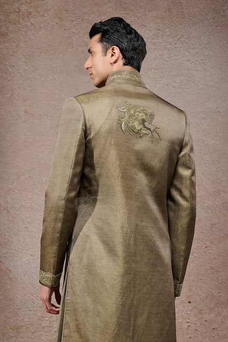 Tarun Tahiliani_Olive Green Tissue, Satin Embroidery Designer Sherwani Set _Online_at_Aza_Fashions