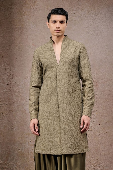 Buy_Tarun Tahiliani_Olive Green Tissue, Satin Embroidery Designer Sherwani Set _Online_at_Aza_Fashions