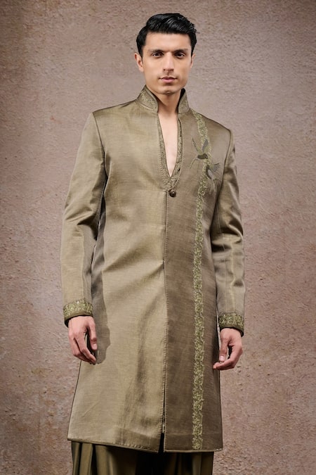 Shop_Tarun Tahiliani_Olive Green Tissue, Satin Embroidery Designer Sherwani Set _Online_at_Aza_Fashions