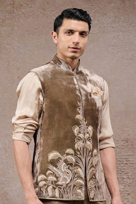 Tarun Tahiliani_Olive Green Silk, Velvet Embroidery Designer Nehru Jacket _Online_at_Aza_Fashions