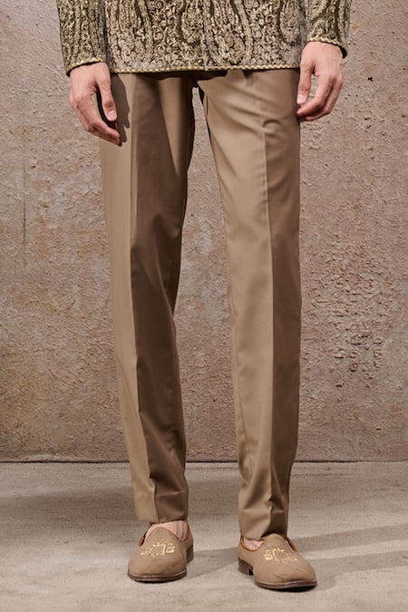 Tarun Tahiliani_Olive Green Silk, Cotton Satin, Velvet Embroidery Designer Bandgala Suit Set _Online_at_Aza_Fashions