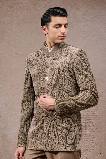 Buy_Tarun Tahiliani_Olive Green Silk, Cotton Satin, Velvet Embroidery Designer Bandgala Suit Set _Online_at_Aza_Fashions
