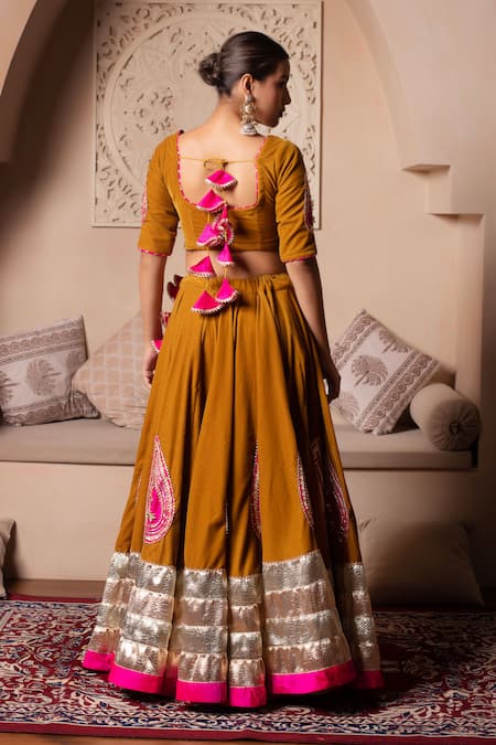 Pomcha Jaipur Mustard Velvet Lehenga Set 