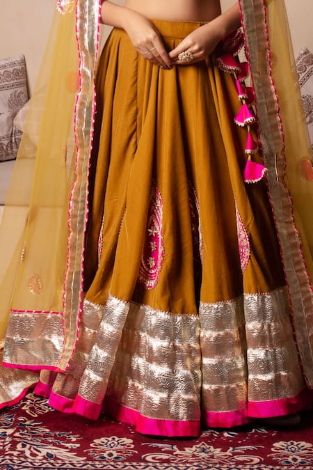 Buy_Pomcha Jaipur_Mustard Velvet, Net Tassels Round Neck Lehenga Set 