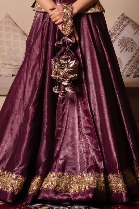 Pomcha Jaipur_Burgundy Silk Gota Patti, Embroidery Round Neck Work Lehenga Set _Online_at_Aza_Fashions