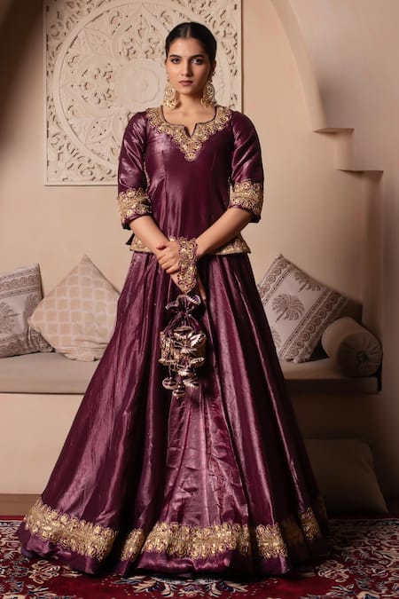 Pomcha Jaipur Burgundy Gota Work Lehenga Set 