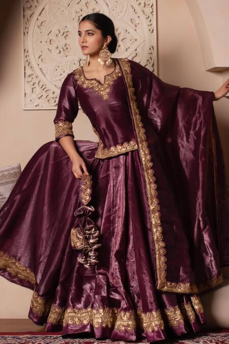 Shop_Pomcha Jaipur_Burgundy Silk Gota Patti, Embroidery Round Neck Work Lehenga Set _Online_at_Aza_Fashions