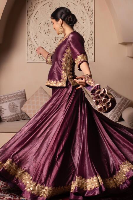 Pomcha Jaipur_Burgundy Silk Gota Patti, Embroidery Round Neck Work Lehenga Set _at_Aza_Fashions