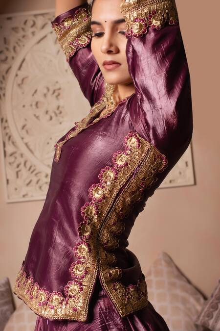 Buy_Pomcha Jaipur_Burgundy Silk Gota Patti, Embroidery Round Neck Work Lehenga Set 