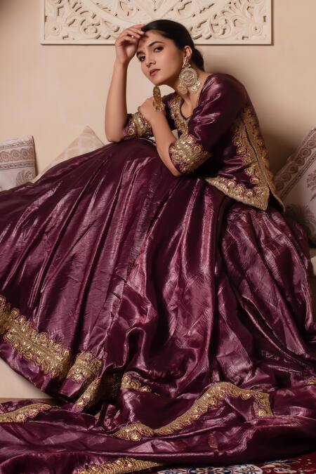 Shop_Pomcha Jaipur_Burgundy Silk Gota Patti, Embroidery Round Neck Work Lehenga Set 