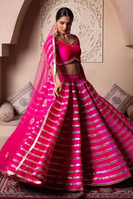 Pomcha Jaipur_Fuchsia Taffeta, Silk, Net Gota Patti Round Neck Hot Pink Lehenga Set _Online_at_Aza_Fashions