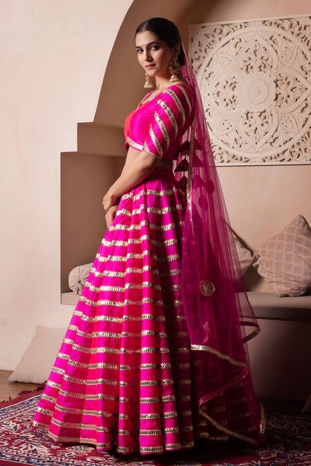 Shop_Pomcha Jaipur_Fuchsia Taffeta, Silk, Net Gota Patti Round Neck Hot Pink Lehenga Set _Online_at_Aza_Fashions