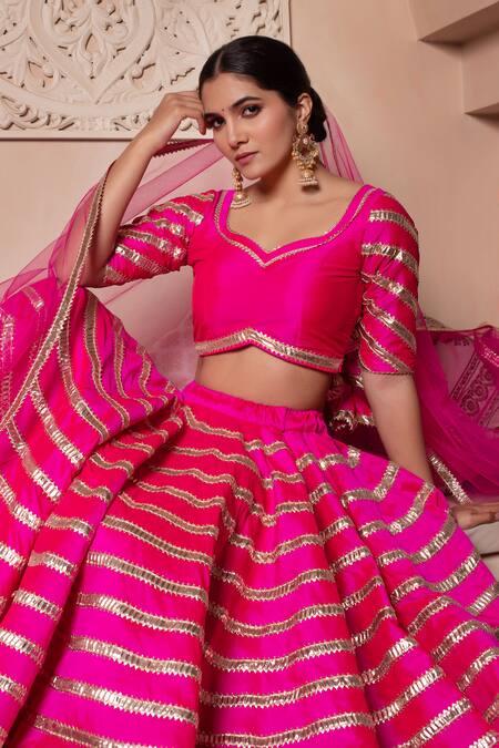 Pomcha Jaipur_Fuchsia Taffeta, Silk, Net Gota Patti Round Neck Hot Pink Lehenga Set _at_Aza_Fashions
