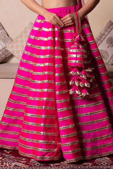Buy_Pomcha Jaipur_Fuchsia Taffeta, Silk, Net Gota Patti Round Neck Hot Pink Lehenga Set 