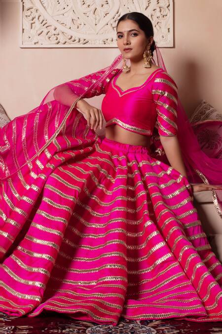 Shop_Pomcha Jaipur_Fuchsia Taffeta, Silk, Net Gota Patti Round Neck Hot Pink Lehenga Set 