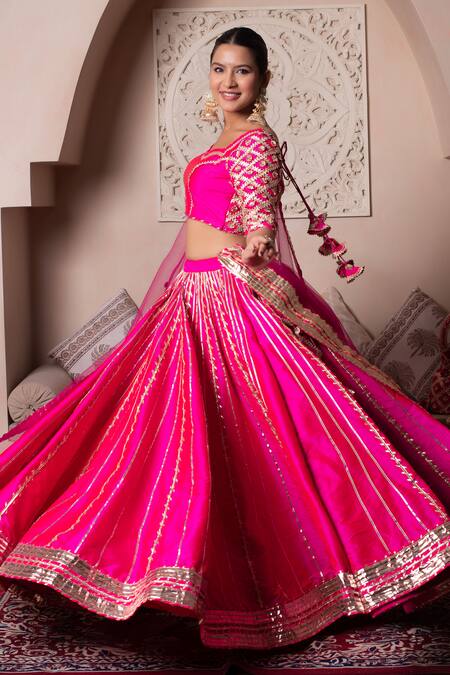 Pomcha Jaipur_Fuchsia Taffeta, Silk, Net Gota Patti Round Neck Hot Pink Lehenga Set _Online_at_Aza_Fashions
