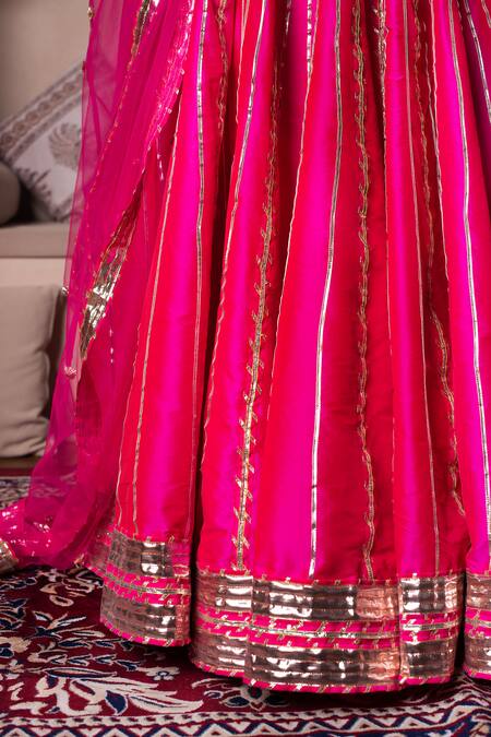 Buy_Pomcha Jaipur_Fuchsia Taffeta, Silk, Net Gota Patti Round Neck Hot Pink Lehenga Set _Online_at_Aza_Fashions