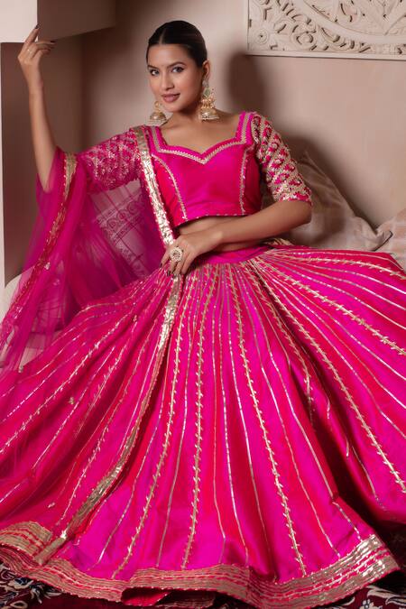 Shop_Pomcha Jaipur_Fuchsia Taffeta, Silk, Net Gota Patti Round Neck Hot Pink Lehenga Set _Online_at_Aza_Fashions