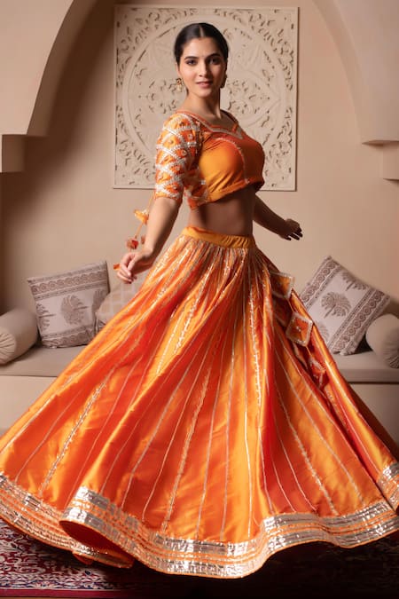 Pomcha Jaipur_Orange Taffeta, Silk, Net Gota Patti Round Neck Designer Lehenga Set _Online_at_Aza_Fashions