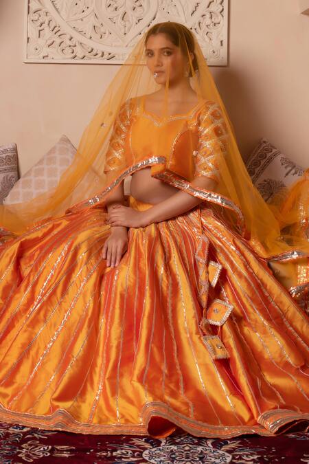Buy_Pomcha Jaipur_Orange Taffeta, Silk, Net Gota Patti Round Neck Designer Lehenga Set 