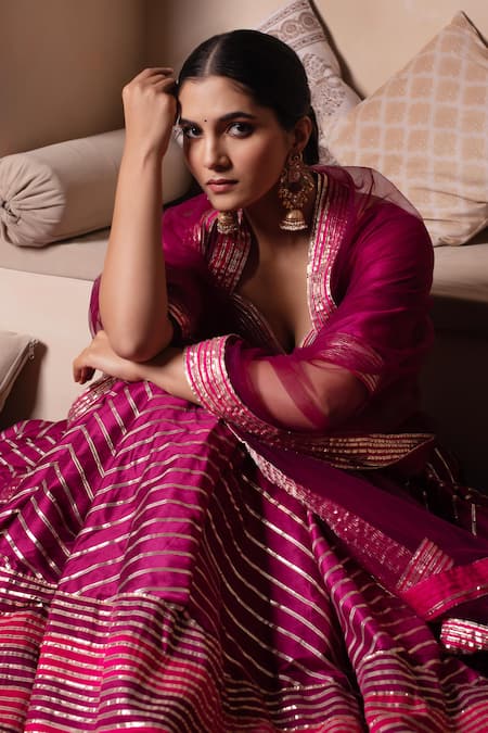 Pomcha Jaipur_Pink Cotton, Silk, Net Gota Patti Square Neck Rani Lehenga Set _Online_at_Aza_Fashions