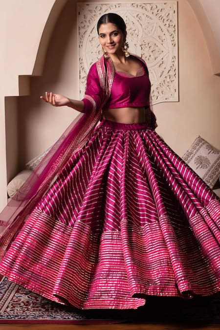 Shop_Pomcha Jaipur_Pink Cotton, Silk, Net Gota Patti Square Neck Rani Lehenga Set _Online_at_Aza_Fashions