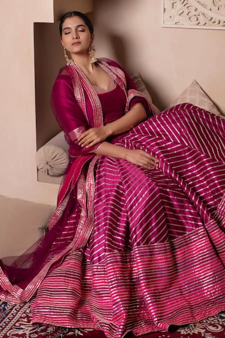 Buy_Pomcha Jaipur_Pink Cotton, Silk, Net Gota Patti Square Neck Rani Lehenga Set 