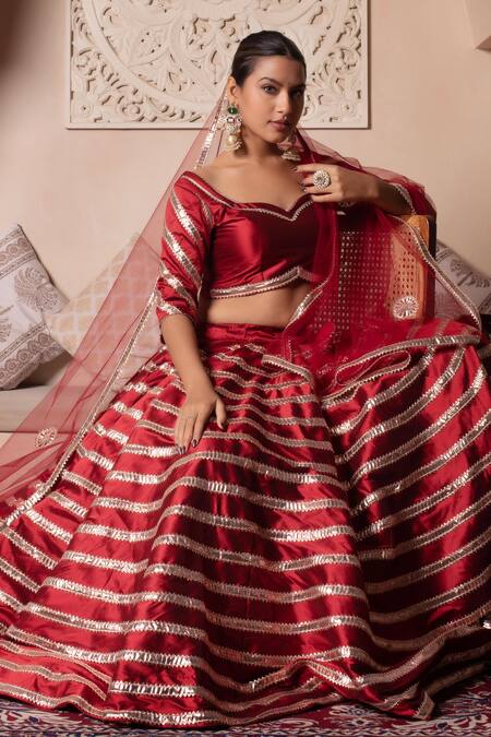 Buy_Pomcha Jaipur_Red Taffeta, Silk, Net Gota Patti, Tassels Sweetheart Neck Lehenga Set _Online_at_Aza_Fashions